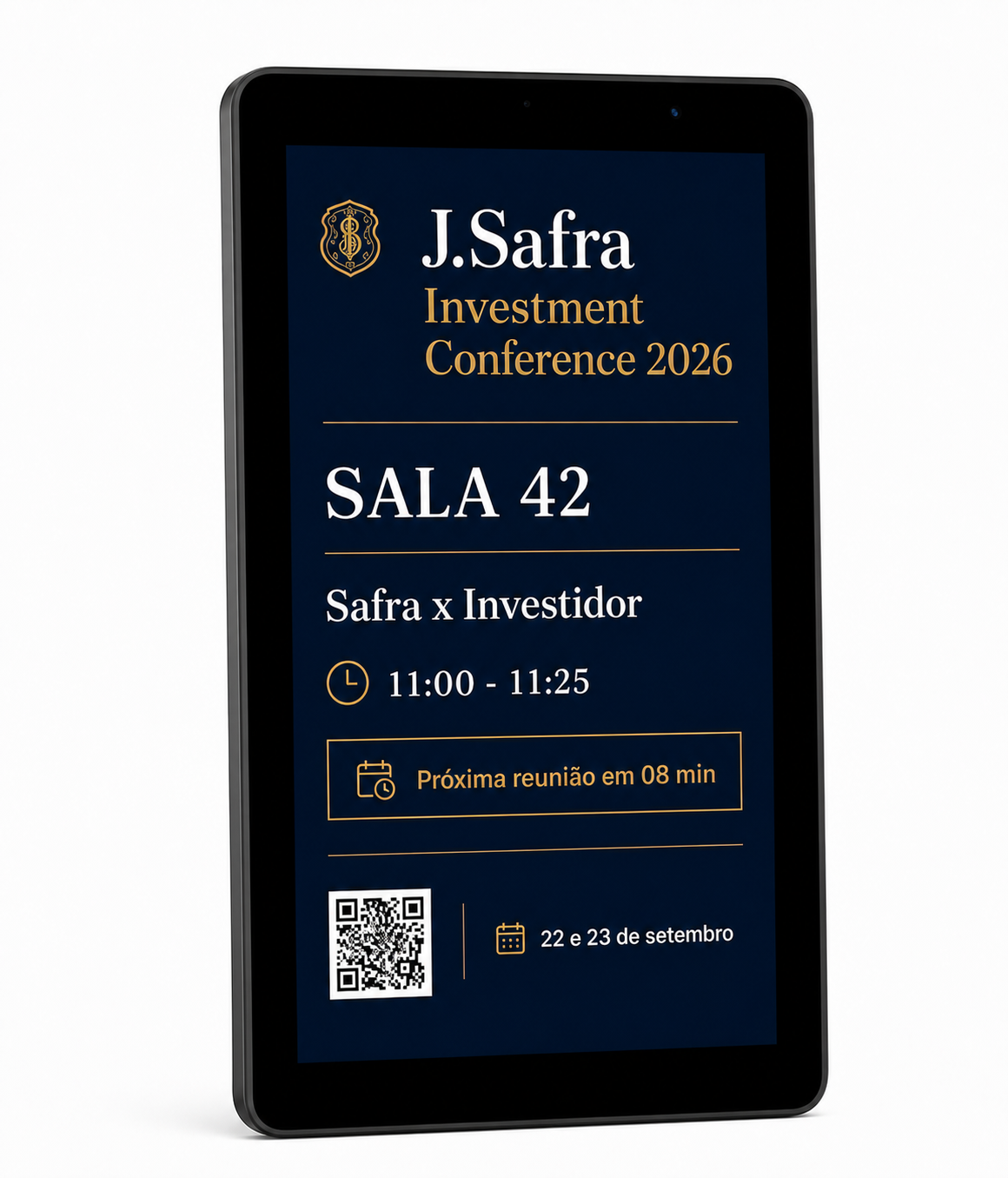 Tablet configurado com o Lina Room Display da J. Safra Investment Conference 2026